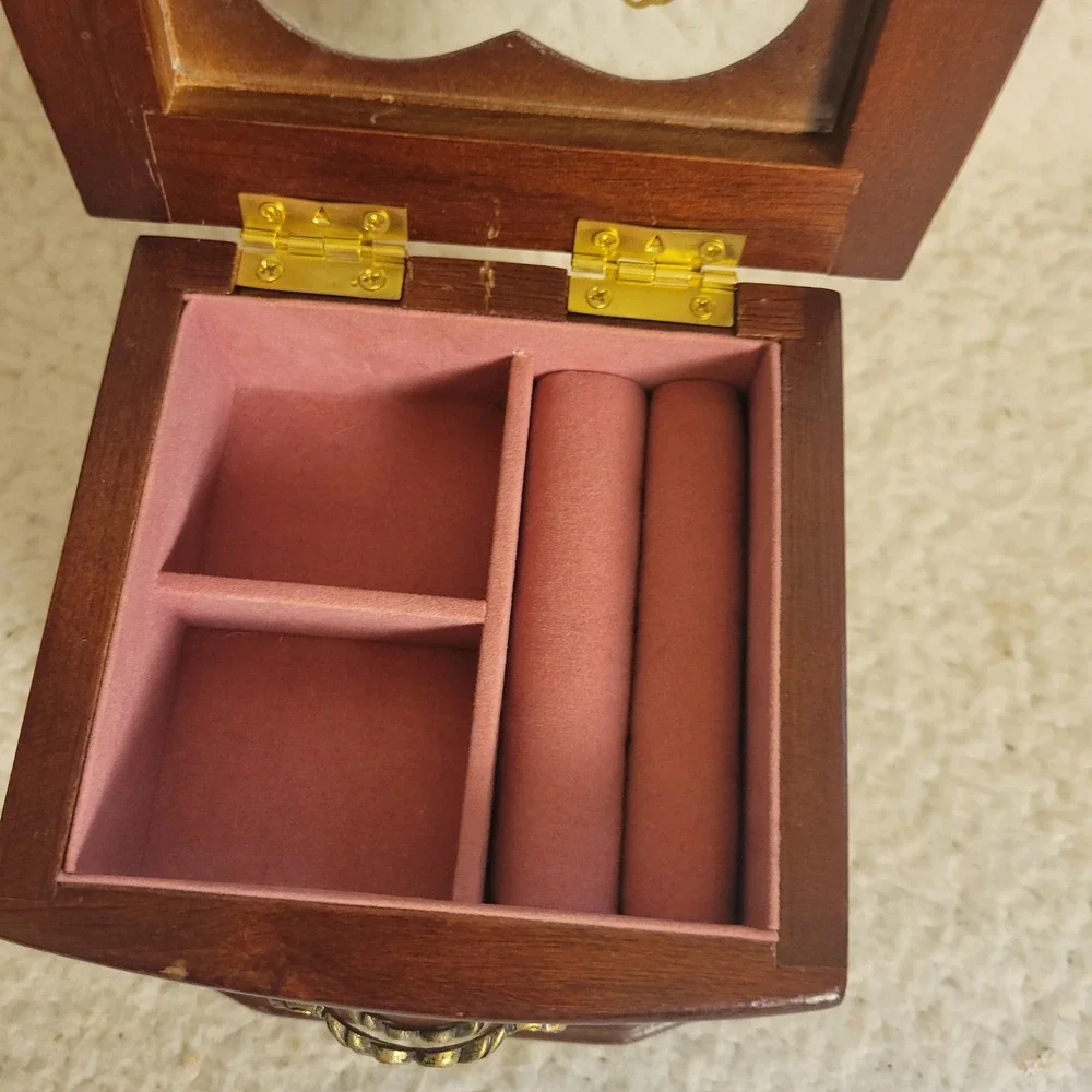 Mele Vintage Wooden Jewelry Box Heart Floral Glass Top Footed Dresser Style